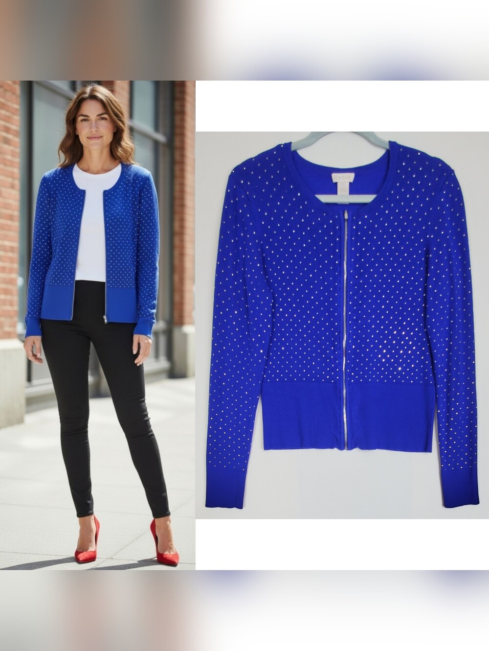 Cache Medium zip up knit cardigan sweater blue embellished long sleeves layering